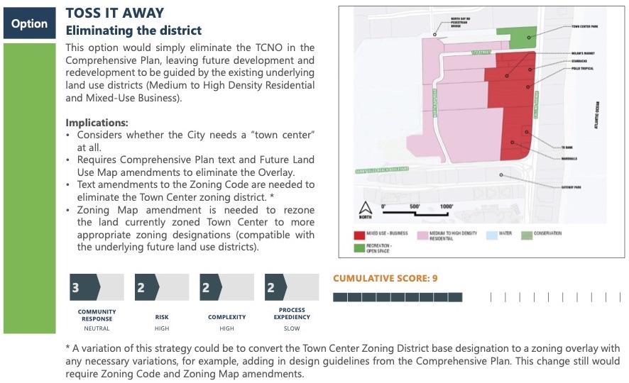 Option Toss it away: Eliminating the district. This option would simply eliminate the TCNO in the Comprehensive Plan, leaving future development and redevelopment to be guided by the existing underlying land use districts (Medium to High Density Residential and Mixed-Use Business). Implications: Considers whether the City needs a "town center" at all. Requires Comprehensive Plan text and Future Land Use Map amendments to eliminate the Overlay. Text amendments to the Zoning Code are needed to eliminate the Town Center zoning district. Zoning Map amendment is needed to rezone the land currently zoned Town Center to more appropriate zoning designations (compatible with the underlying future land use districts). Community response scored a 3, risk scored a 2, complexity scored a 2, process expediency scored a 2. Cumulative Score is 9. * A variation of this strategy could be to convert the Town Center Zoning District base designation to a zoning overlay with any necessary variations, for example, adding in design guidelines from the Comprehensive Plan. This change still would require Zoning Code and Zoning Map amendments. 
