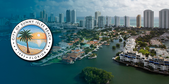 City seal over a picture of the City of Sunny Isles Beach.