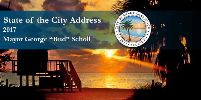 Sunset photo of the beach with overlaid text depicting the State of the City Address by Mayor George "Bud" Scholl.