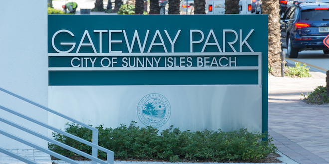 Entrance sign to the City's newest park, Gateway Park.