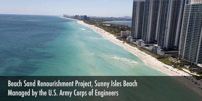 Aerial image of the beach announcing the Public Meeting regarding the Beach Sand Renourishment Project in Sunny Isles Beach.