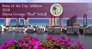 State of the City 2018 by Mayor George "Bud" Scholl with backdrop of the Sunny Isles Beach skyline.