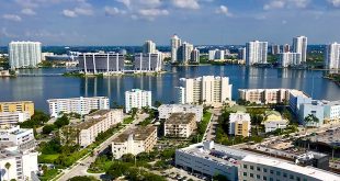 Aerial view of condominiums and the Intracoastal in Sunny Isles Beach.
