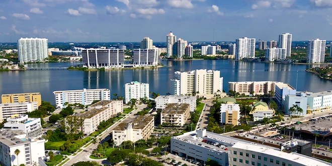 Aerial view of condominiums and the Intracoastal in Sunny Isles Beach.
