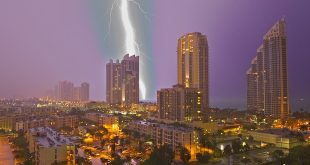 Large lightning strike hits the ocean at night close to Sunny Isles Beach.