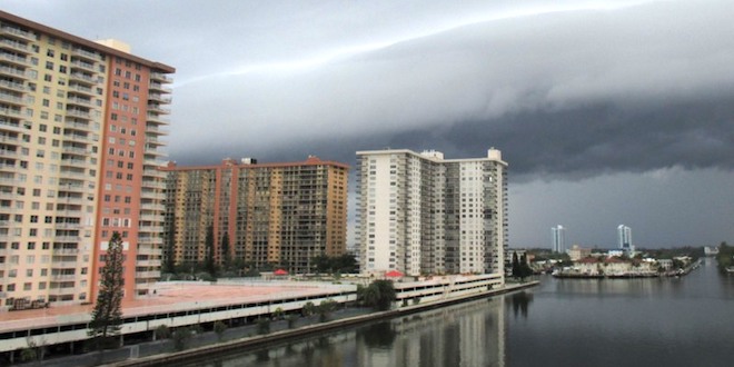 Dark storm clouds moving in over the Intracoastal Waterway in Sunny Isles Beach.