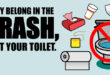 They belong in the trash, not your toilet. Toilet with items surrounding it that should not be flushed, such as wipes and diapers.