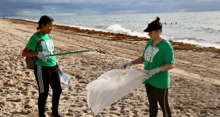 Volunteers cleaning up trash on the beach during a Sunny Isles Beach Beach Cleanup event