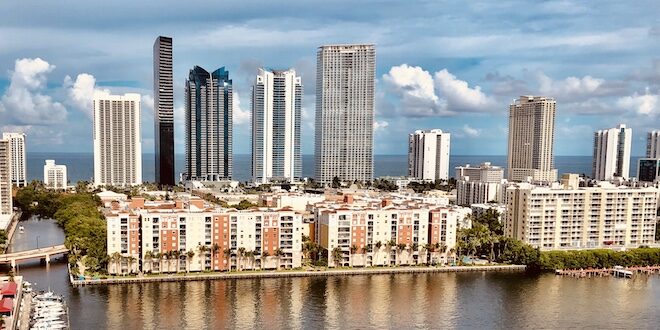 View of Sunny Isles Beach over Intracoastal waterway