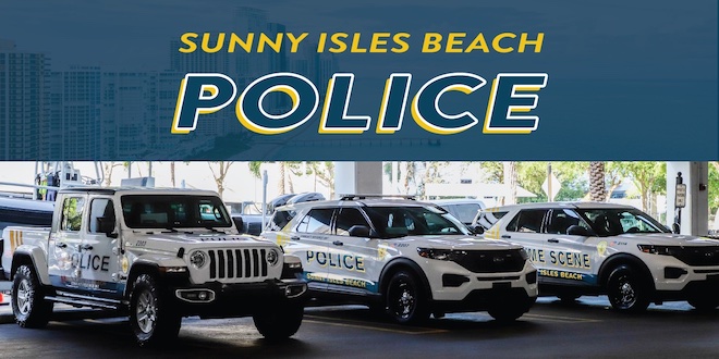 Sunny Isles Beach Police. Three police vehicles lined up in parking lot.
