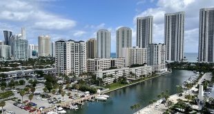 Aerial view of intracoastal waterway and city skyline.