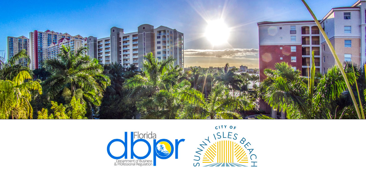 Sun rising between buildings. DBPR logo and City logo
