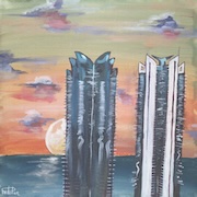 Artwork of sunset and water in the background of two city towers