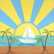 Art of big sun with boat on water and palm trees on sand