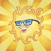 Artwork of sun with face and sunglasses on, smiling