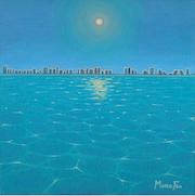 Artwork of water overlooking moon and city