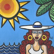 Artwork of woman with hat and sunglasses and the sun / water behind her